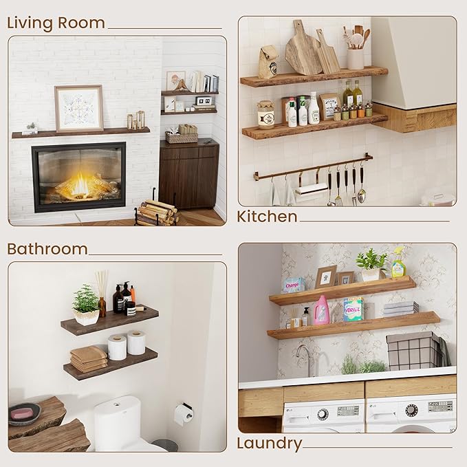 Floating Shelves for Wall Decor, Rustic Solid Elm Wood Live Edge Floating Shelves Wall Mounted, Wall Shelves with Invisible Bracket for Living Room Bathroom Bedroom Kitchen, 32 Inch Set of 2, Natural