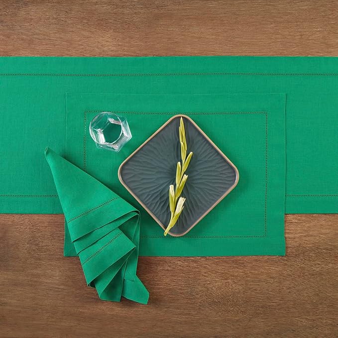 Solino Home Linen Emerald Green Table Runner 72 Inches Long - 100% Pure Linen Hemstitch Table Runner 14 x 72 Inch for Dresser, Dining - Classic Hemstitch