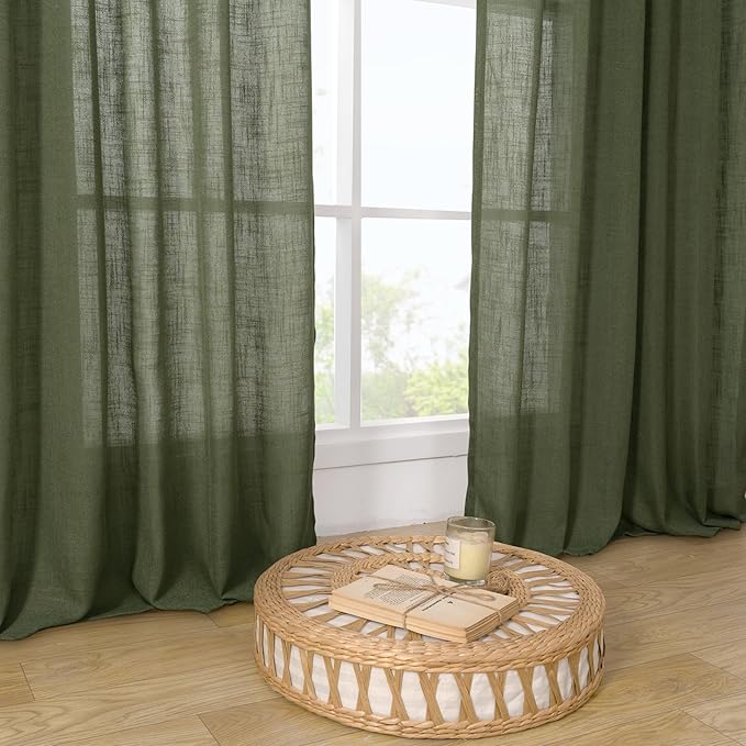 LAMIT Sheer Linen Curtains 102 inches Long, Linen Textured Light Filtering Semi Sheer Bronze Grommet Natural Boho Drapes for Living Room/Farmhouse, 2 Panels, Olive Green, 52 x 102 Inch