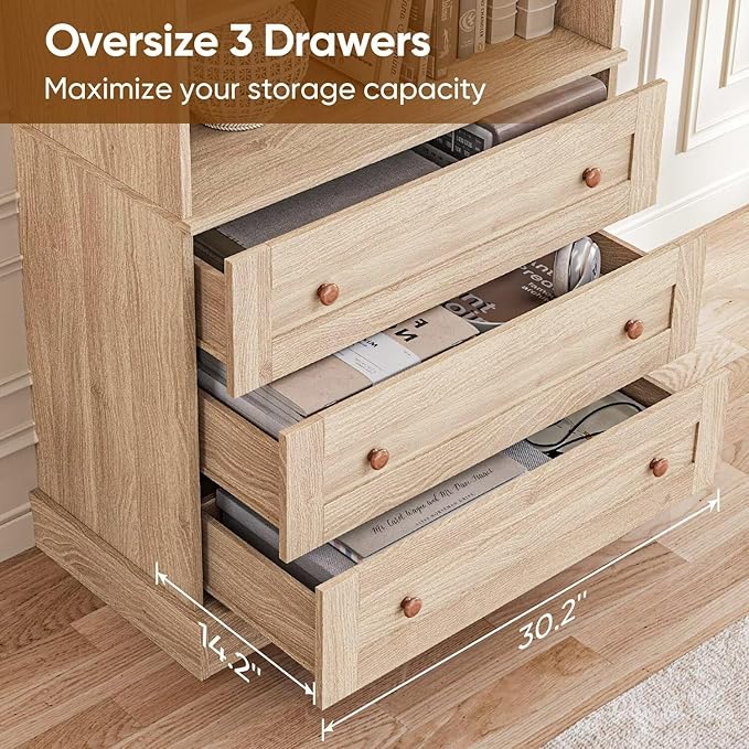 Vyre 71" Tall Farmhouse Bookshelves with Glass Doors and Drawers, Set of 2 – Large Modular Bookcase with Adjustable Shelves, Storage Cabinet for Living Room, Kitchen, Brown