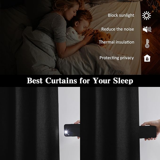 RAIN CITY Full Blackout Curtains Short 63 Inches Long, Bedroom Curtains for Home Decor, Back Tab Pleated Look Curtains with Hooks-50 x 63 Inch, Black Color