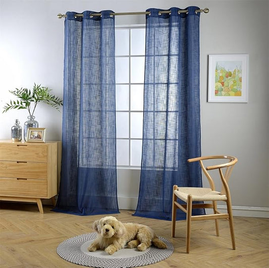 MIUCO Semi Sheer Curtains Poly Linen Textured Solid Grommet Curtains 84 Inches Long for French Doors 2 Panels (2 x 37 Wide x 84" Long) Navy Blue