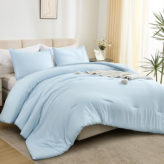 Litanika Comforters Light Blue King Size, 3 Pieces Lightweight Solid Bedding Comforter Set, All Season Fluffy Bed Set (104x90In Comforter & 2 Pillowcases)