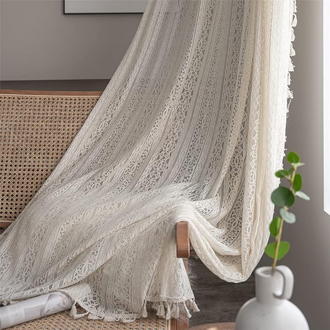 Sutuo Home Boho Curtain Crochet Lace Semi-Sheer Florals Hollow Knitted Handmade Tassels, Rod Pocket Window Treatment Vintage Rustic Farmhouse Drapes for Living Bedroom, 1 Panel 59" W x 96" L, Beige