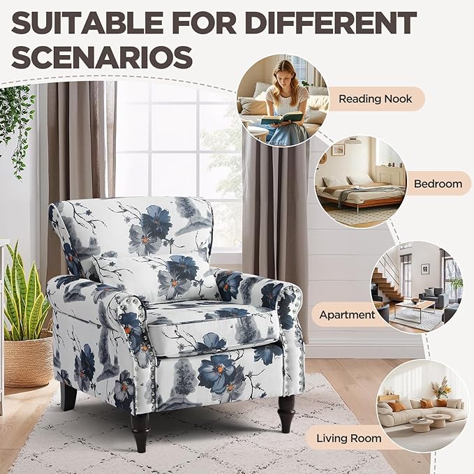 Wingback Accent Chair with Removable Pillow, High Back Floral Armchair with Solid Wood Legs & Nailhead Trim, Comfy Upholstered Reading Single Sofa Chair for Bedroom (1, Ink Blue Pattern)