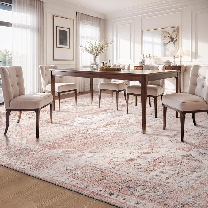 AMOAMI-Area Rug 8X10 Rugs for Living Room-Vintage Soft Pink Rugs for Bedroom-Non Slip Carpet-Washable Rug for Dining Room Living Room Bedroom Office Under Table