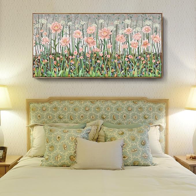 amatop Framed Oversized Floral Canvas Wall Art Canvas Print Modern Botanical Flower Field Rustic Wall Decor Abstract Nature Blooming Wildflower Pale Pink Green Artwork for Living Room Bedroom Office 58x29 in