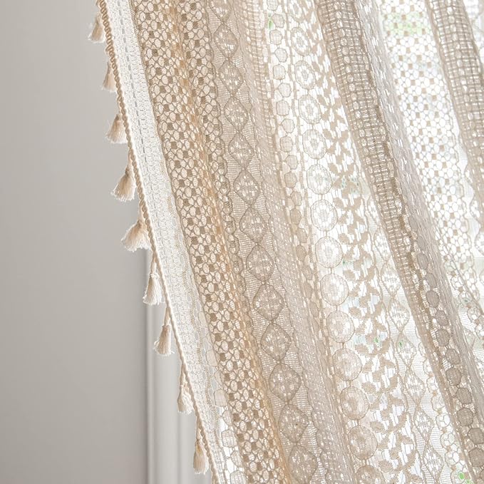Sutuo Home Boho Curtains Crochet Lace Semi-Sheer Bohemian Hollow Knitted Handmade Tassels, Rod Pocket Window Treatment Vintage Rustic Farmhouse Drapes for Living Bedroom, 1 Panel 59" W x 63" L, Beige