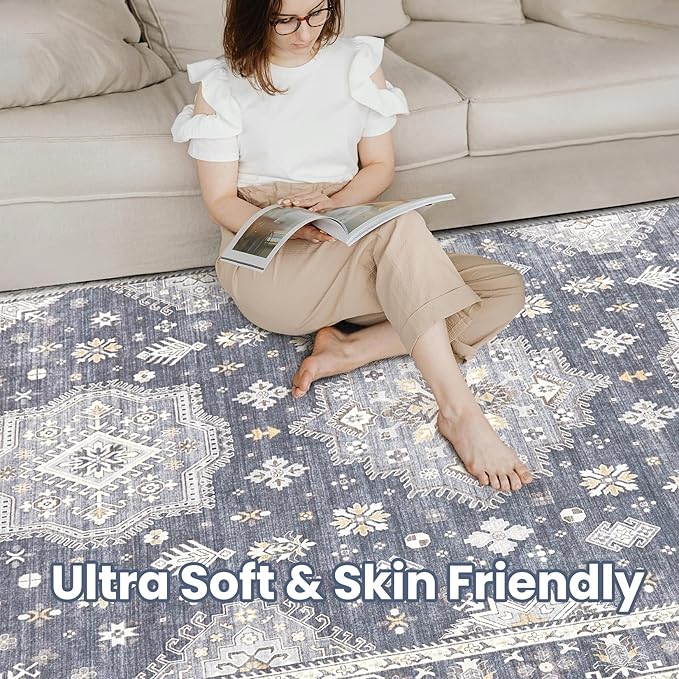Washable Area Rugs for Living Room -8x10 Neutral Vintage Distressed Floral Farmhouse Boho Large Soft Floor Rug Indoor Non Slip Carpet for Living Room Bedroom Dining Room Office - Denim Blue/Grey