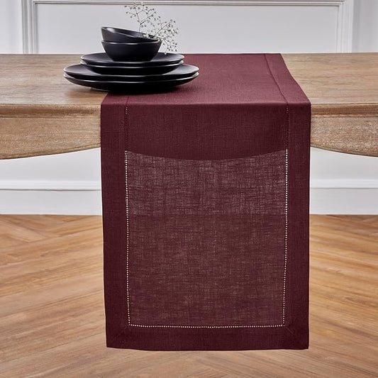 Solino Home Linen Burgundy Table Runner 132 Inches Long - 100% Pure Linen Extra Long Table Runner 14 x 132 Inch for Fall, Autumn, Thanksgiving - Classic Hemstitch