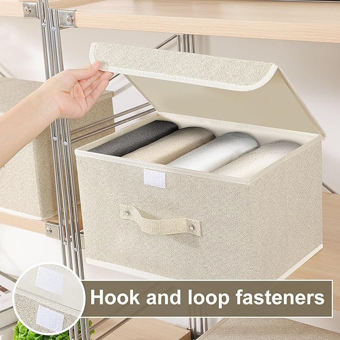 Storage Boxes, Collapsible Storage Bins with Lids, Cotton and linen cloth Storage Baskets with Handle, for Books, Closet, Bedroom, Home, 13x9.1x7.9 in, Grey and Beige