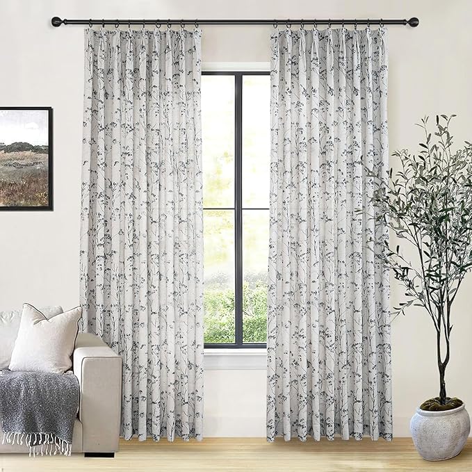 Pinch Pleated Floral Linen Curtains 2 Panels Elegant Light Filtering Privacy Drape,40 Inch Wide by 100 Inch Long Curtains Suitable for Living Rooms and Bedrooms