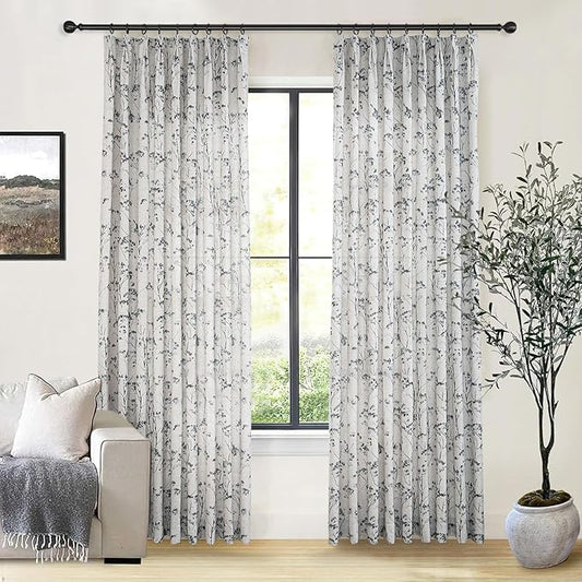 Pinch Pleated Floral Linen Curtains 2 Panels Elegant Light Filtering Privacy Drape,40 Inch Wide by 100 Inch Long Curtains Suitable for Living Rooms and Bedrooms