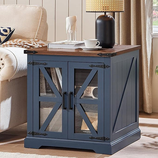 24" End Table with Charging Station, Farmhouse Night Stand with Glass Barn Door, White Nightstands with Adjustable Storage Shelf, Large Wood Square Bed Side Table for Living Room,Bedroom