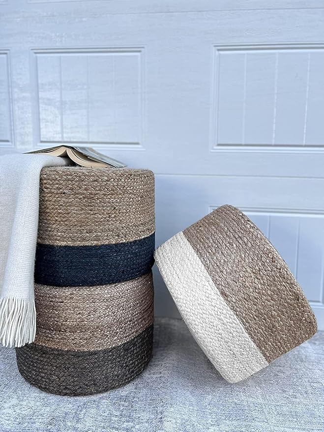 Jute Pouf Ottoman | Footrest Pouf | Hand Braided - Round Boho Pouffe - for Living Room, Bedroom, Nursery (18"x18"x12") Ivory