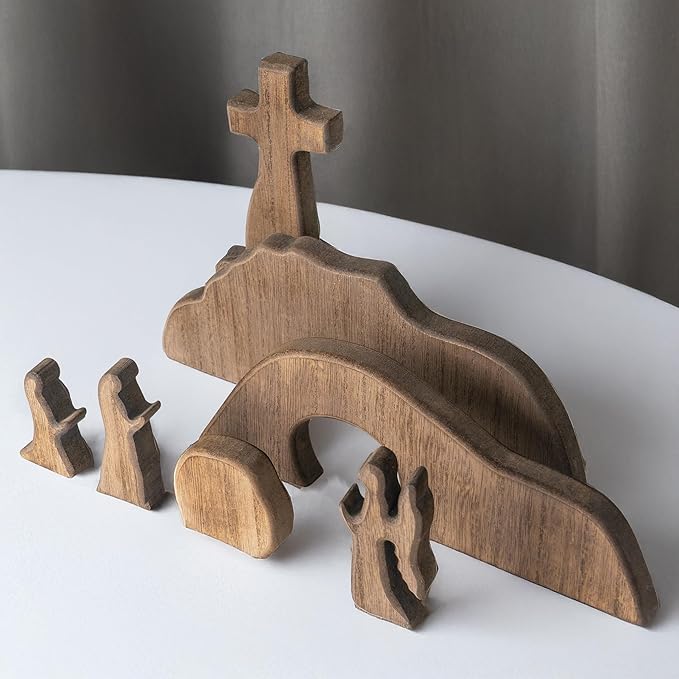 NEROSUN Empty Tomb Easter Scene and Cross Decoration, Wooden Easter Resurrection Scene Cross Jesus Tomb Tray Set, Jesus Nativity Scene Decor for Religious Home Office Tabletop Christian Gifts