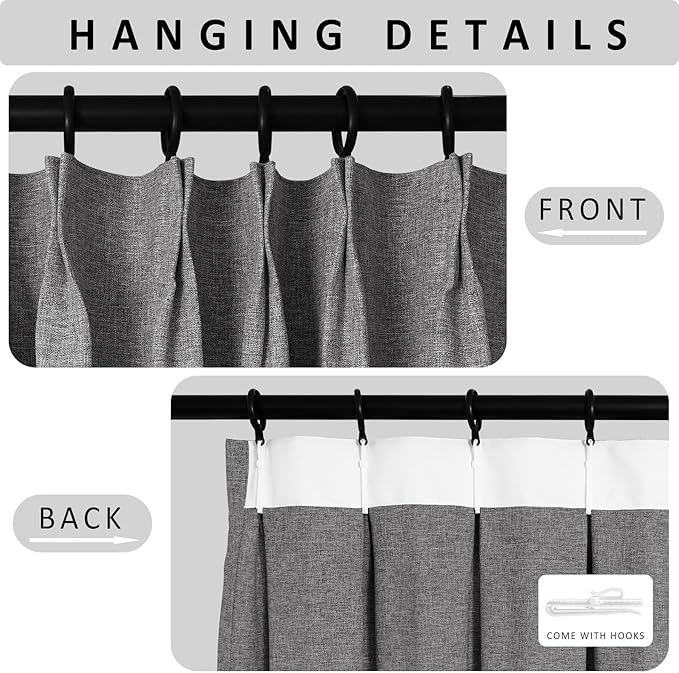 Macochico 100% Blackout Gray Linen Curtains 84 Inches Long Pinch Pleated Burlap Curtains for Bedroom Living Room Farmhouse Nursery Thermal Window Panels with Tieback 72”Wx84”L 1 Panel
