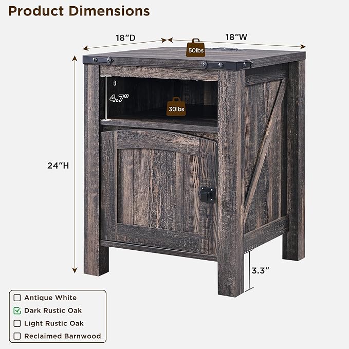 OKD Nightstand with Charging Station Set of 2, 18 Inchs Farmhouse End Table with Adjustable Storage Shelf, Rustic Wood Sofa Side Table for Bedroom