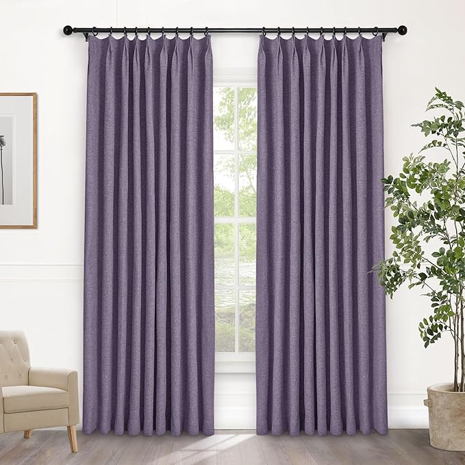 Macochico Pinch Pleated 100% Blackout Curtains Violet Linen Curtains for Bedroom Living Room Farmhouse Thermal Insulated Window Panels Pleated Curtains with Hooks and Tieback 52”Wx72”L 1 Panel