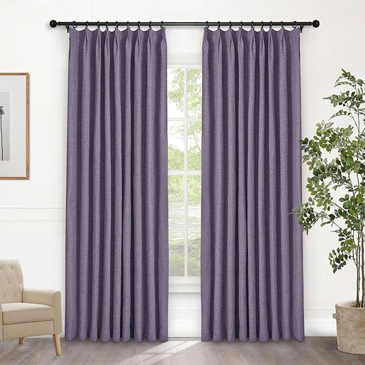 Macochico Pinch Pleated 100% Blackout Curtains Violet Linen Curtains for Bedroom Living Room Farmhouse Thermal Insulated Window Panels Pleated Curtains with Hooks and Tieback 52”Wx72”L 1 Panel