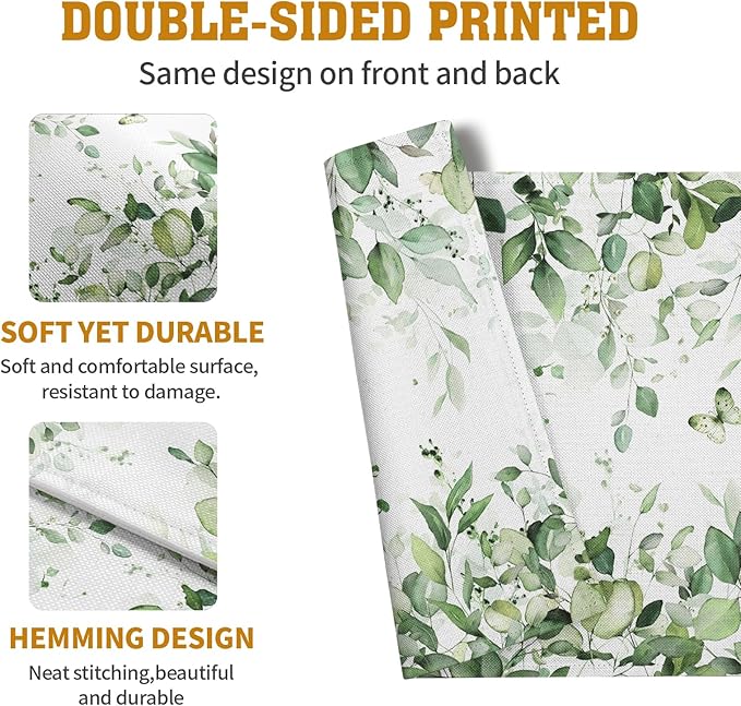 Sage Green Leaf Placemats Set of 4 Eucalyptus Leaves Place Mats 12×18 Inch Spring Summer Rustic Vintage Farmhouse Washable Linen Fabric Table Mats for Party Kitchen Dining Outdoor Indoor Decor