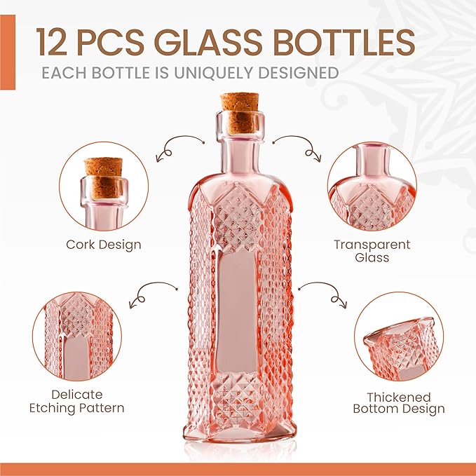 Small MIni Reddish Vintage Glass Bottles with Corks, MIni Vases, Decorative, Potion, Assorted Design Set of 12 pcs, 4.6 Inch Tall (11.43cm), 1.4 Inch Wide (3.56cm)
