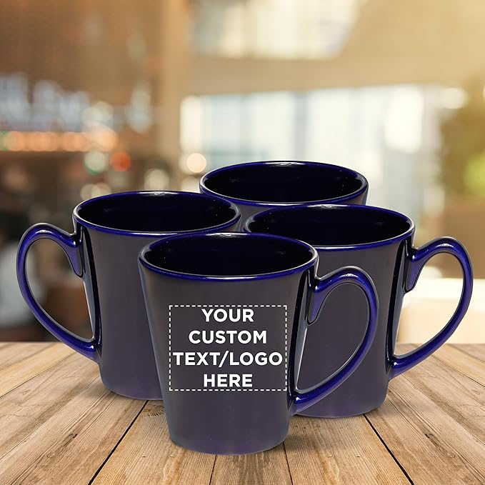 DISCOUNT PROMOS Custom Glossy Ceramic Latte Coffee Mug 12 oz. Set of 50, Personalized Bulk Pack - Perfect for Tea, Espresso, Cappuccino, Hot Cocoa - Blue