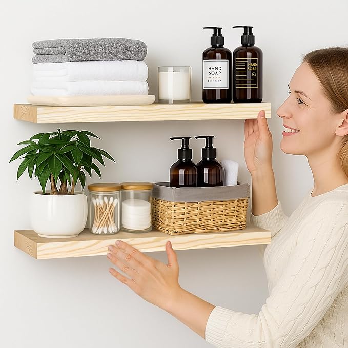 BGMG Wood Floating Shelves 24 inch, Wide Rustic Wooden Wall Shelves for Bathroom Living Room Bedroom Kitchen Farmhouse Set of 2-24x 6.7 x1.25 inch- DIY-Unfinished
