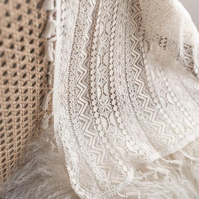 Sutuo Home Boho Curtains for Bedroom Nursery 90 Inch Length, Bohemian Geometric Crochet Sheer Lace Handmade Tassels Window Treatment Vintage Rustic Drape Rod Pocket 1 Panel 59" W x 90" L, Beige Wave