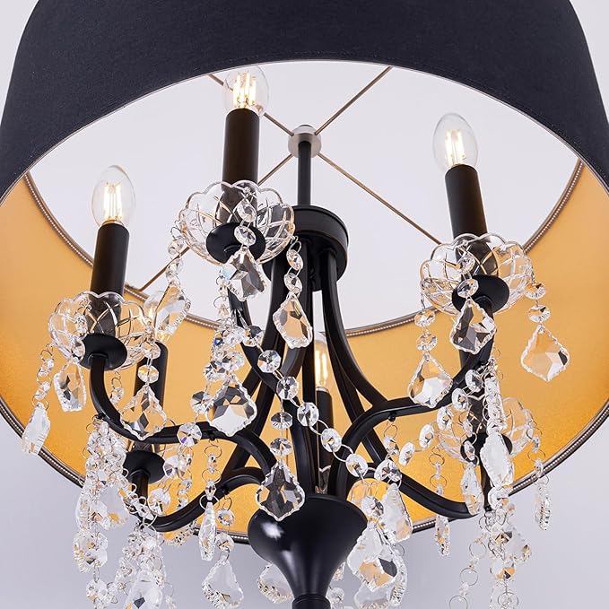 Wellmet Black Crystal Drum Shade Floor Lamp, 6 Light Black Gold Shade, Candle Base, for Living Room, Bedroom, Reading Room, Hallway, Corridor