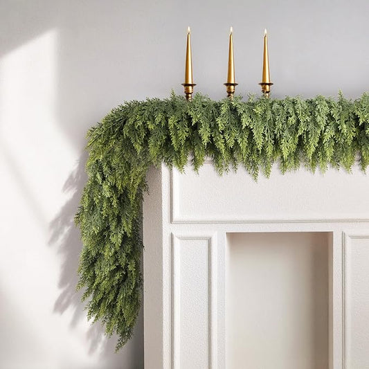 9ft Christmas Cedar Garland with Soft Thickness Pine, Artificial Green Faux Cedar Pine Garland for Mantle Fireplace Indoor Outdoor Holiday Party Home Decoration（2 Pcs）