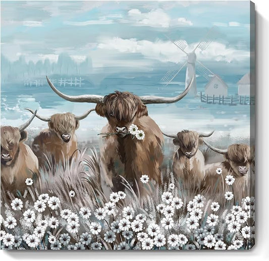 Canvas Wall Art Bathroom Coastal Boho Farmhouse Highland Cow Flower Picture Floral Artwork Rustic Country Landscape Longhorn Animal Painting for Living Room Bedroom Kitchen Décor Blue Brown Small