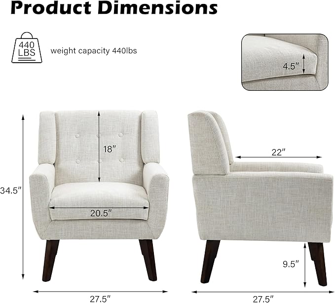 UIXE Accent Chair, Modern Upholstered Armchair in Fabric for Living Room, Comfy Club Arm Chairs Single Sofa Button Tufted Bedroom Reading Seat - Beige, Set of 4