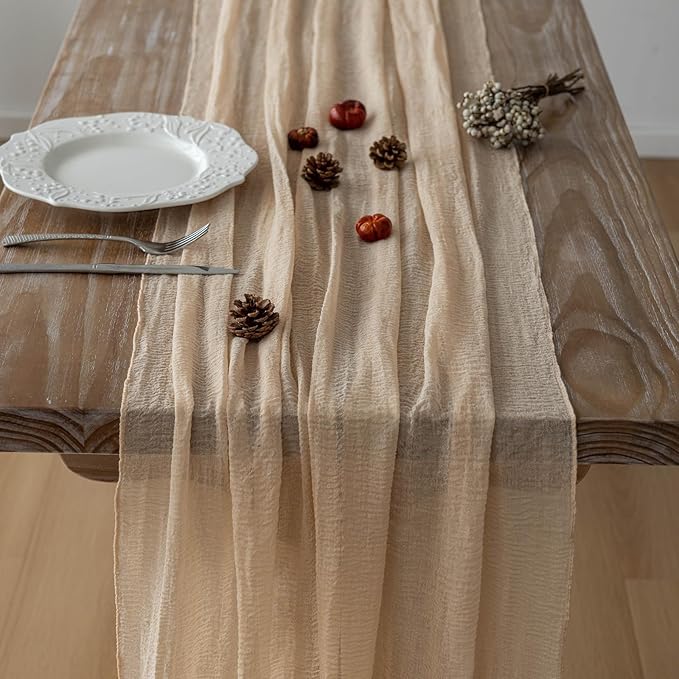 Deep Beige Cheesecloth Table Runner Rustic Boho Gauze 120 Inch 10 FT Cheese Cloth for Wedding Baby Shower Bridal Shower Birthday Engagement Party Long Sheer Home Decorations