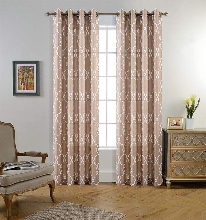MIUCO Moroccan Embroidered Semi Sheer Curtains Faux Linen Grommet Curtains for Living Room 52 x 84 Inch 2 Panels Set, Taupe