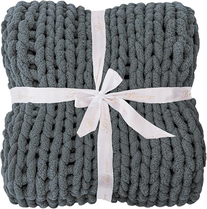 Bigacogo Chunky Knit Throw Blanket for Couch, 40x80 inches, 100% Hand Knitted with Thick Jumbo Chenille Yarn, Cozy Soft Large Rope Knot Cable Crochet Blankets for Sofa Bed Living Room, Iron Gray