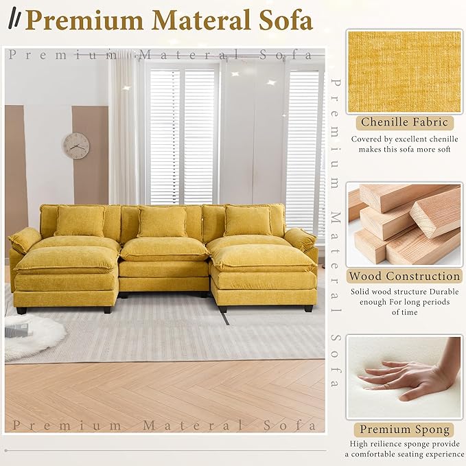 URRED Modular Sectional Sofa Comfy Cloud Couch, Modern Chenille Sofa Sleeper Deep Seat Couches with Ottoman/Pillows for Living Room (Yellow, 117'' - U Shape)