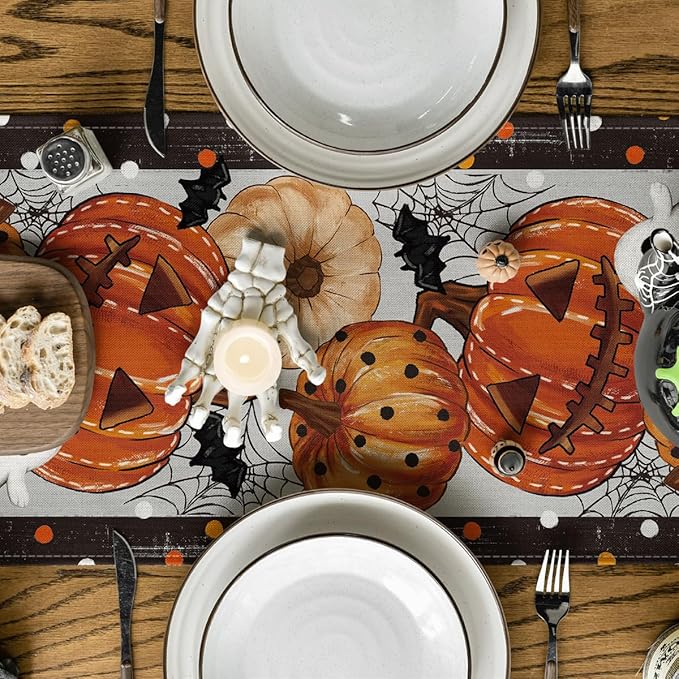 Artoid Mode Jack-O'-Lantern Pumpkin Ghost Spider Web Halloween Table Runner,Holiday Kitchen Dining Table Decoration for Home Party Decor 13 x 60 Inch