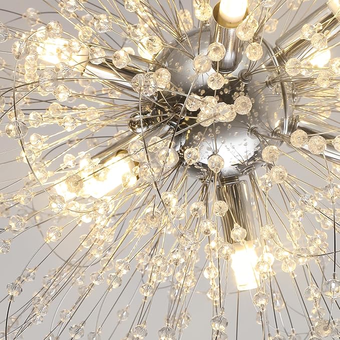 Sputnik Crystal Chandelier, Modern Beaded Ceiling Lamp with Chrome, Round Dandelion Pendant Light Fixtures for Living Room Bedroom Dining Room Farmhouse Kitchen Island (Chrome 9Lights)