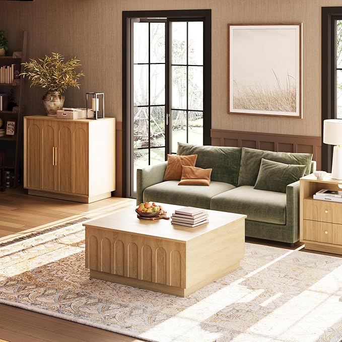 Lift Top Coffee Table with Storage, Modern Coffee Table with Arched Design, 31.5" Square Tea Table with Wood Grain, Boho Multifunctional Center Table for Living Room, Office, Oak