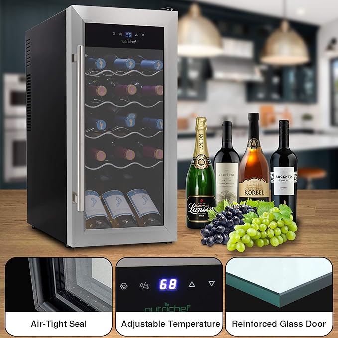 NutriChef PKCWC18 Slim Wine Fridge 18 Bottle Mini Beverage Chiller Adjustable Temp Control, 30x13x17 IN, Black