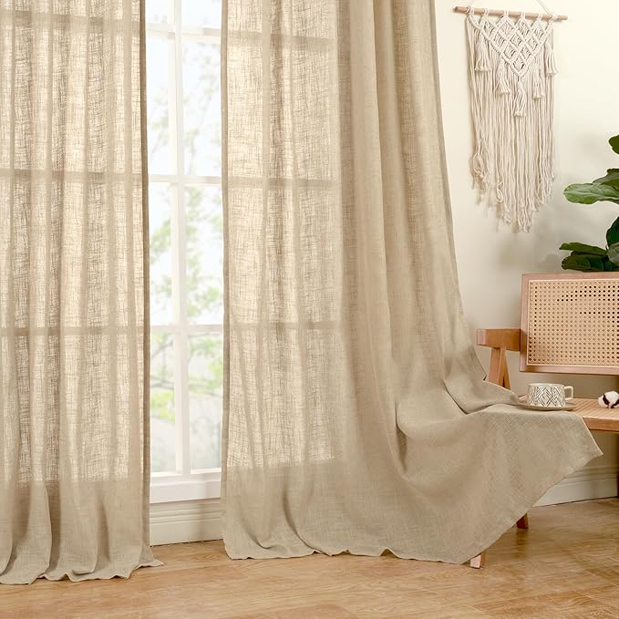 LAMIT Linen Blended Window Curtains 63 inch Length for Bedroom, Soft Semi Sheer Light Filtering Burlap Curtain Panles with Bronze Grommet Drapes for Living Room, 2 Panels Set, 52 x 63 Inch, Brown