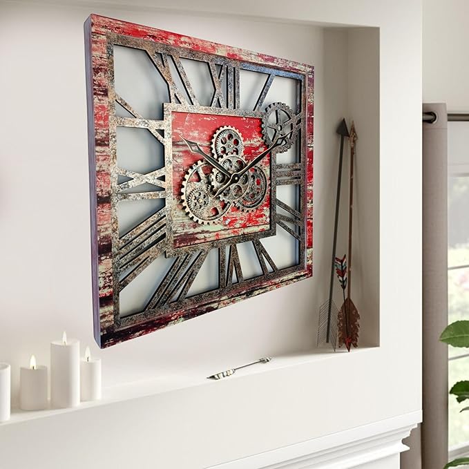 The Gears Clock 24'' Inch Square Real Moving Gear Wall Clock Vintage Industrial Oversized Rustic Farmhouse (Red Lava)
