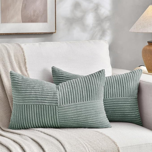 Fancy Homi 2 Packs Grey Blue Lumbar Decorative Throw Pillow Covers 12x20 Inch for Couch Bed Sofa, Rustic Farmhouse Boho Home Decor, Soft Striped Corduroy Rectangle Accent Cushion Case 30x50 cm