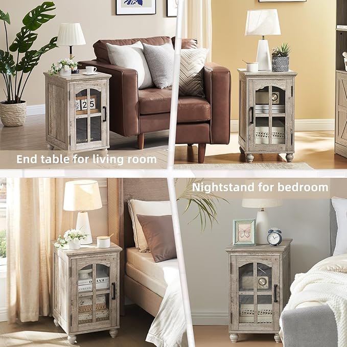 Narrow Side Table Set of 2,Farmhouse Nightstand with Charging Station,End Table with Glass Barn Door Storage, Cabinet Organizer with Adjustable Shelf, Night Stand for Small Spaces Living Room Bedroom