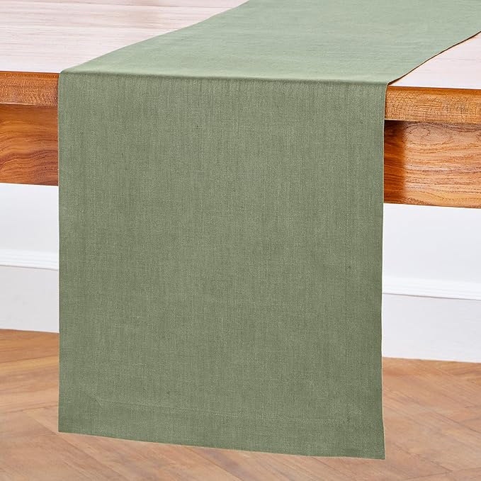 Solino Home Linen Oil Green Table Runner 120 Inches Long - 100% Pure Linen 14 x 120 Inch Table Runner for Fall, Autumn, Thanksgiving - Fete