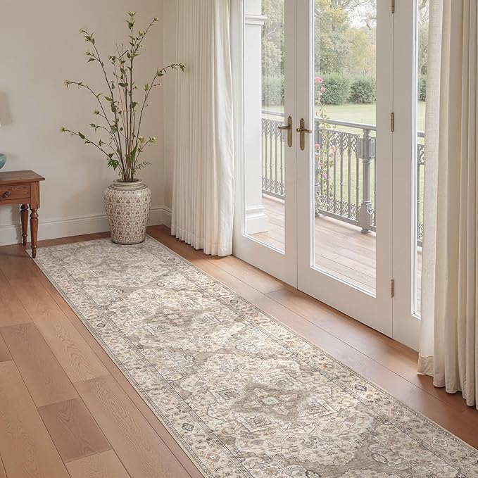 Washable 2.6x14 Runner Rug - Area Rugs Neutral Vintage Distressed Floral Farmhouse Boho Large Soft Floor Rug Indoor Carpet for Hallway Entryway Home - Brown/Multi