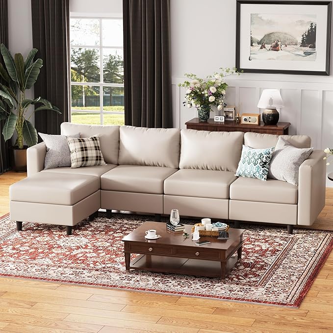 118.5" Faux Leather Modular Sectional Sofa, L Shaped Couch Set for Living Room, 5-Seater Comfy Cloud Couches with Movable Storage Ottoman,DIY Combination - Whitesand