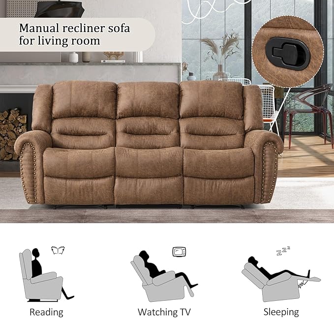CANMOV Faux Leather Manual Reclining Sofa,3 Seat Recliner Couch Sofa with Overstuffed Comfortable Arms and Back for Living Room,Office,Nut Brown