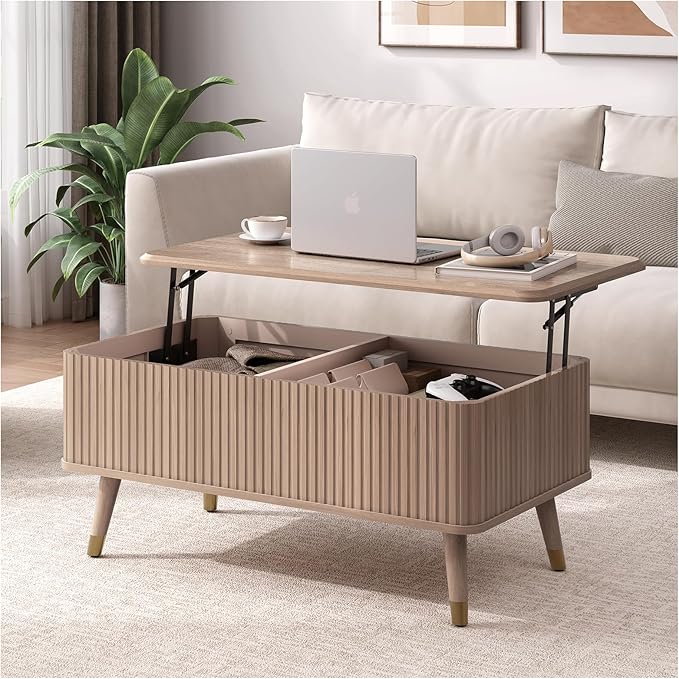 Lift Top Coffee Table with Storage Shelf & Hidden Compartment, Mid Century Modern Fluted Rectangle Dining Table for Living Room, Home Office, Natural Oak